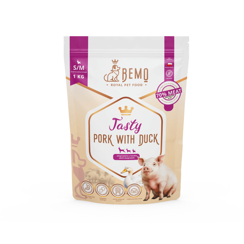 BEMO TASTY - WYBITNIE SMAKOWITA KARMA SUCHA DLA PSA Z WIEPRZOWINĄ I KACZKĄ