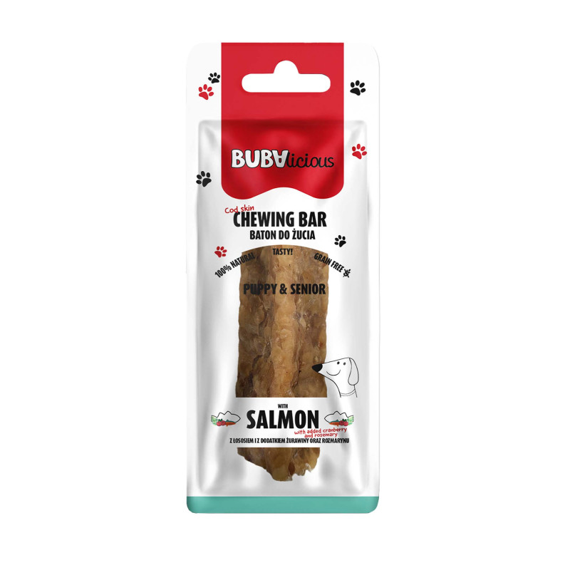 BUBAlicious baton do żucia z łososiem z dodatkiem żurawiny i rozmarynu 12 cm